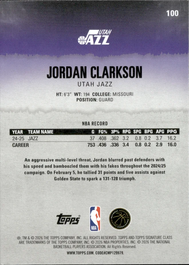 Jordan Clarkson card back