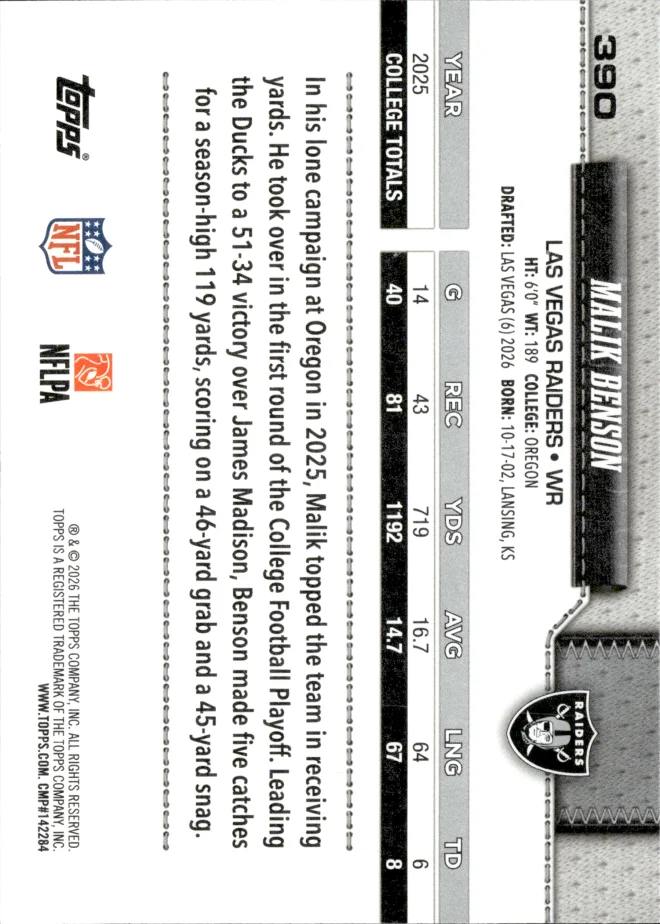 Malik Benson card back