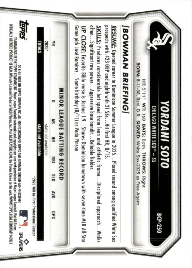 Yordani Soto card back