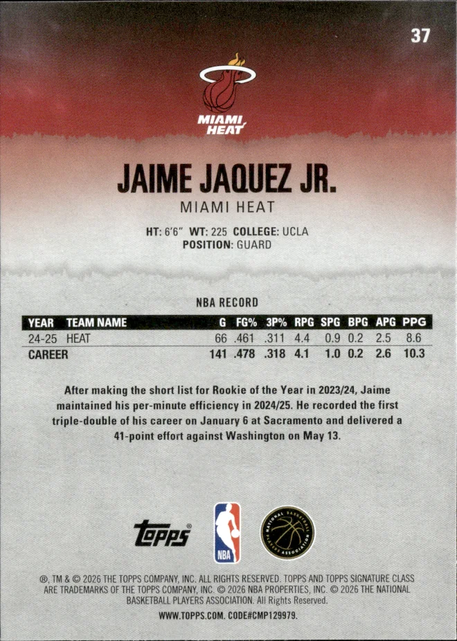 Jaime Jaquez Jr. card back