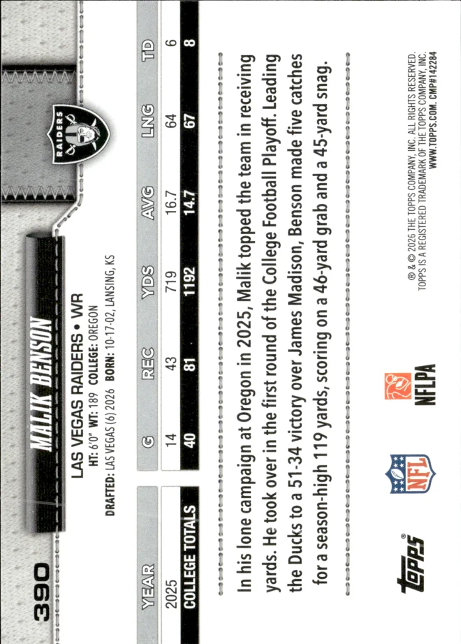 Malik Benson card back