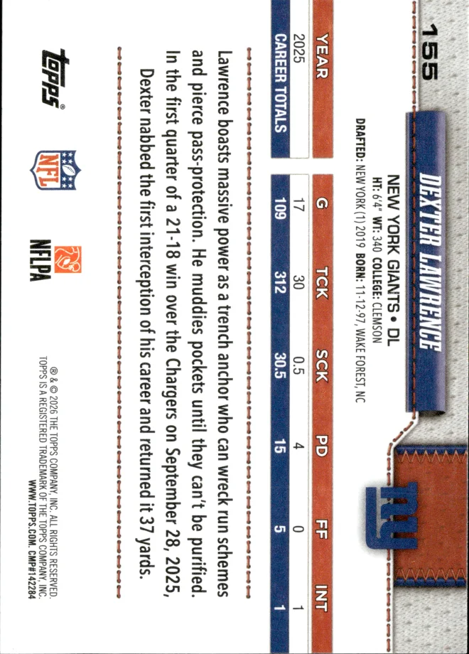 Dexter Lawrence card back
