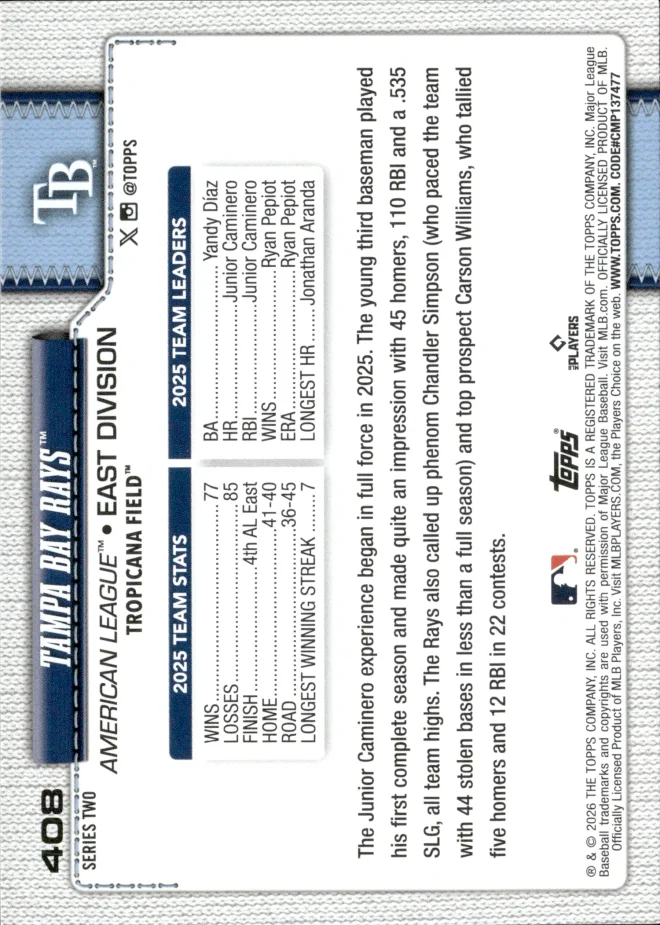 Tampa Bay Rays card back