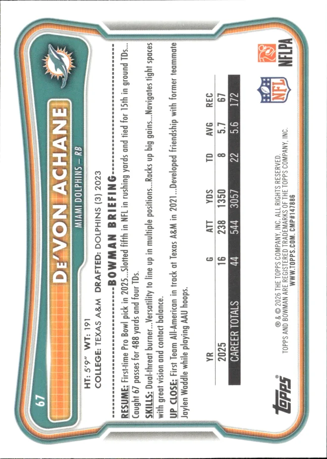 De'Von Achane card back