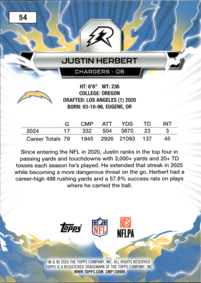 Justin Herbert card back