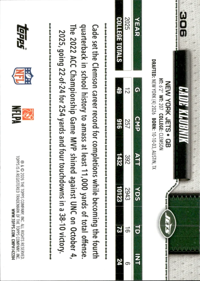 Cade Klubnik card back
