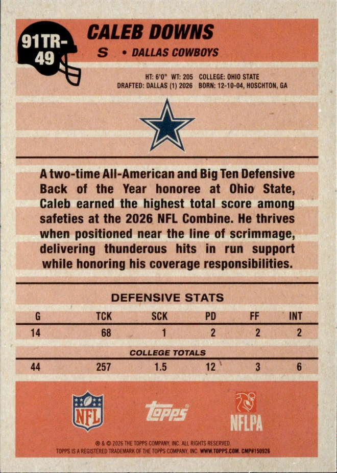 Caleb Downs card back