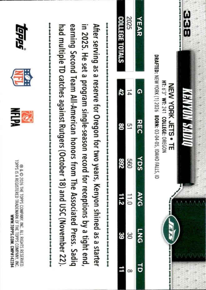 Kenyon Sadiq card back