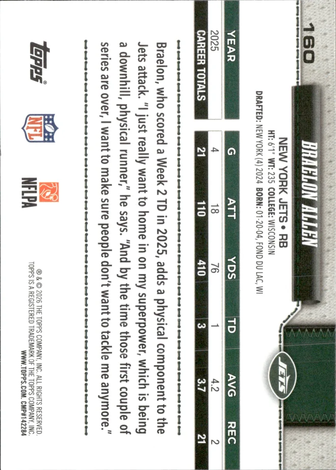 Braelon Allen card back