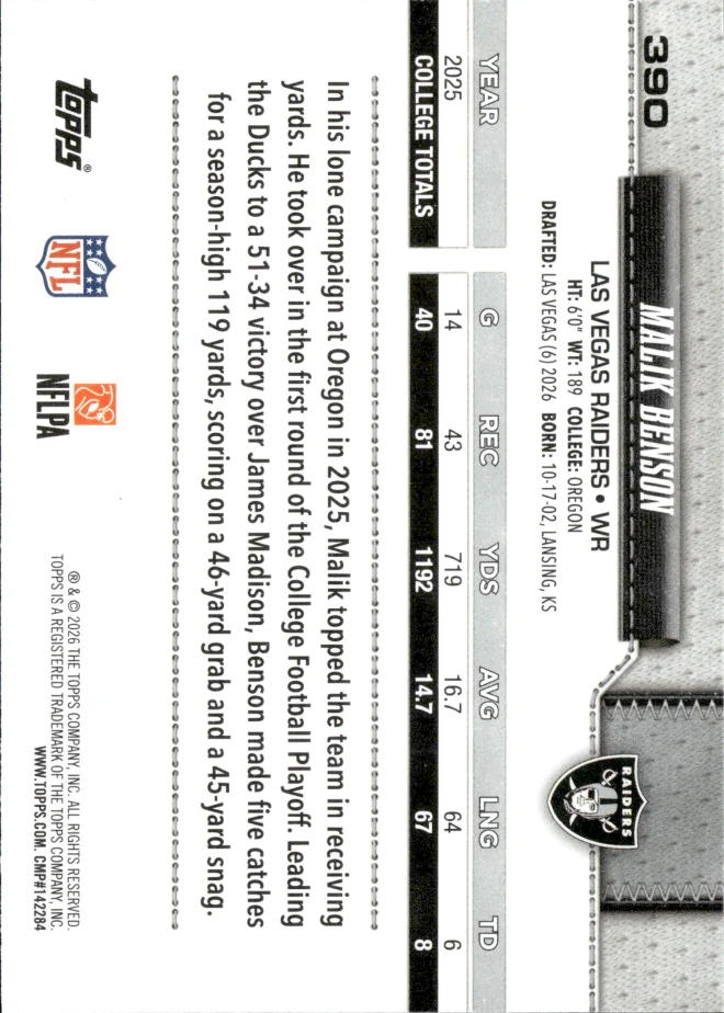 Malik Benson card back