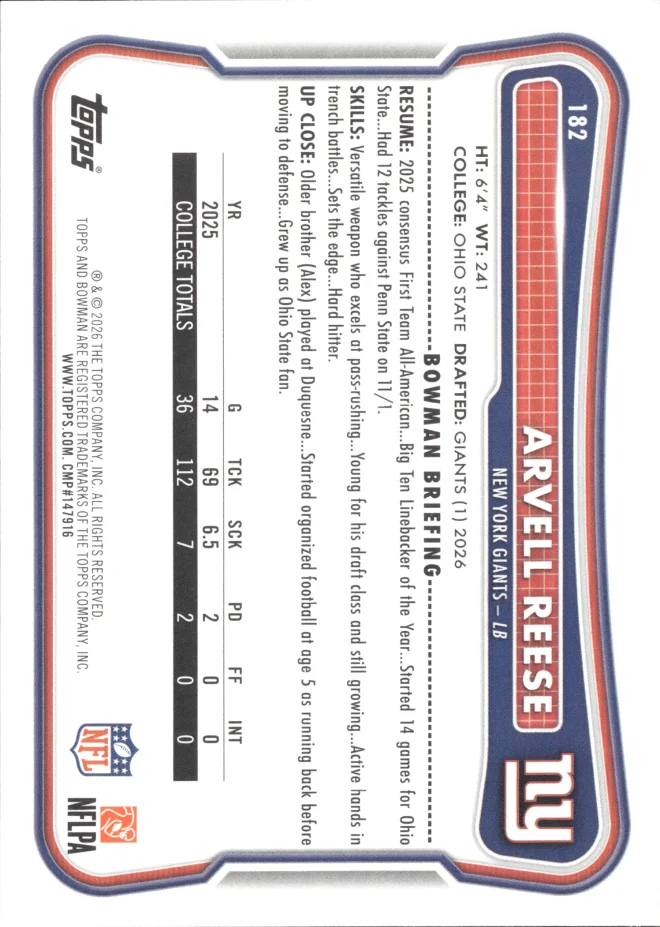 Arvell Reese card back