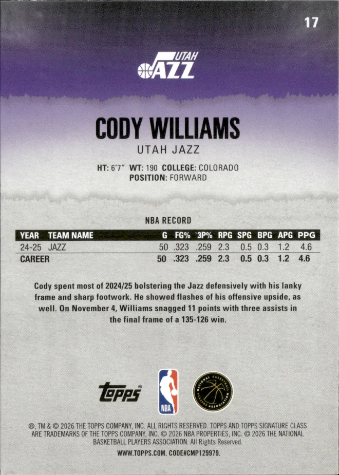 Cody Williams card back