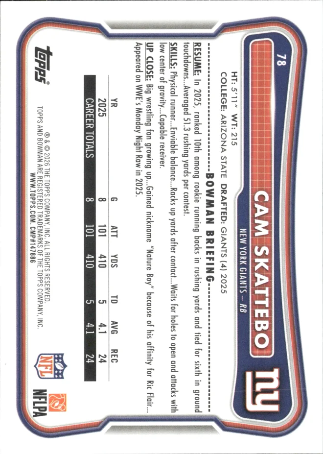 Cam Skattebo card back