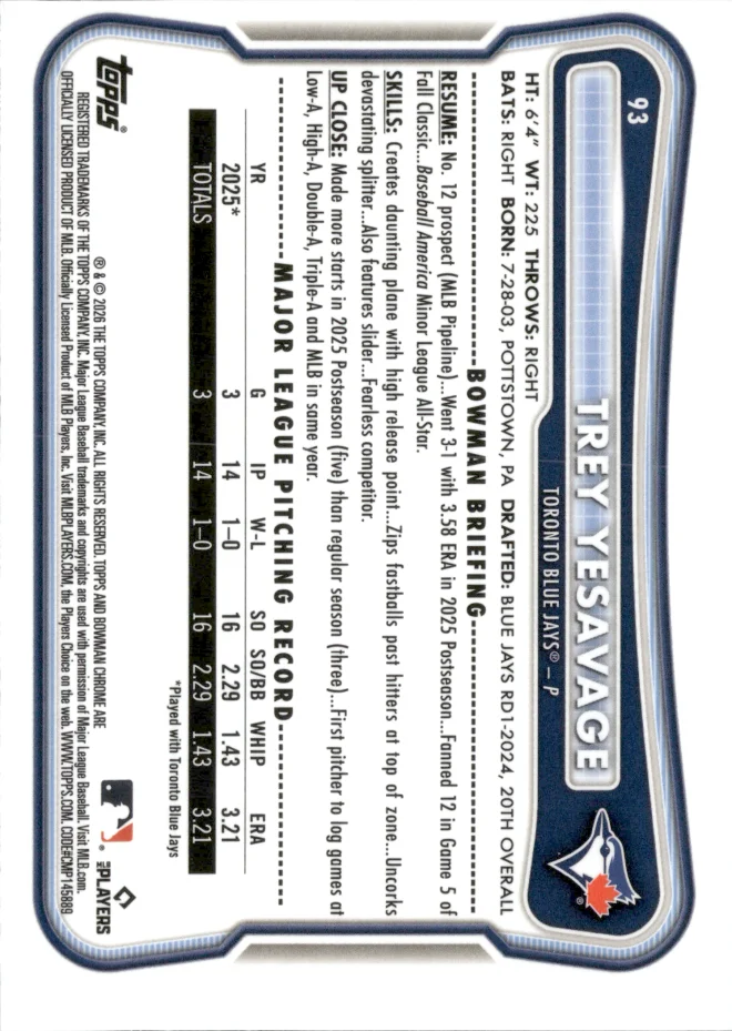 Trey Yesavage card back