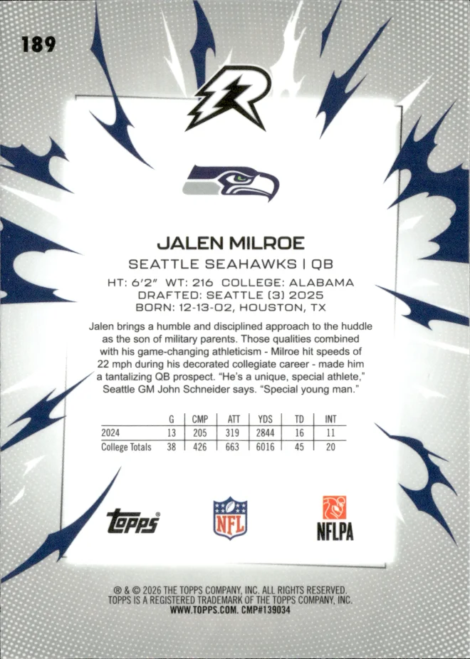 Jalen Milroe card back