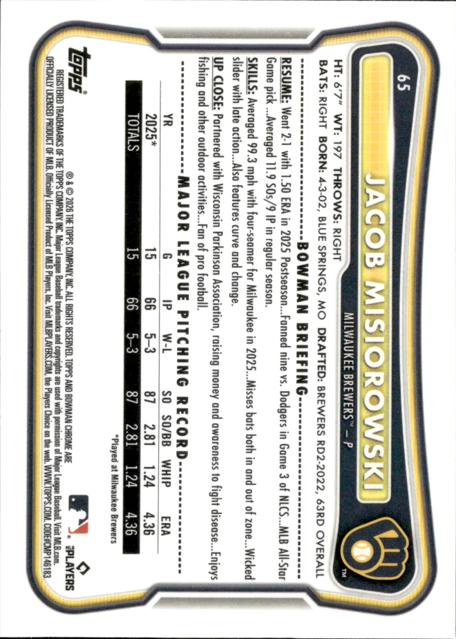 Jacob Misiorowski card back