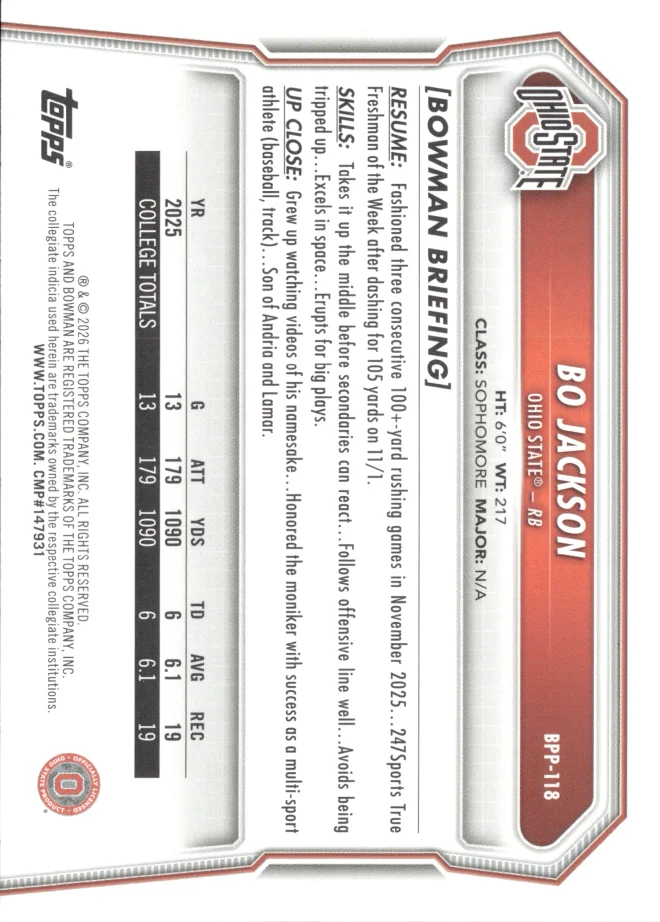 Bo Jackson card back