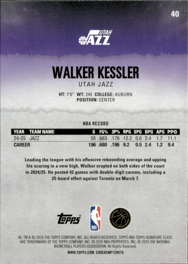 Walker Kessler card back