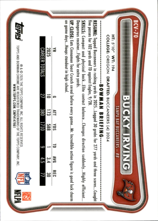 Bucky Irving card back