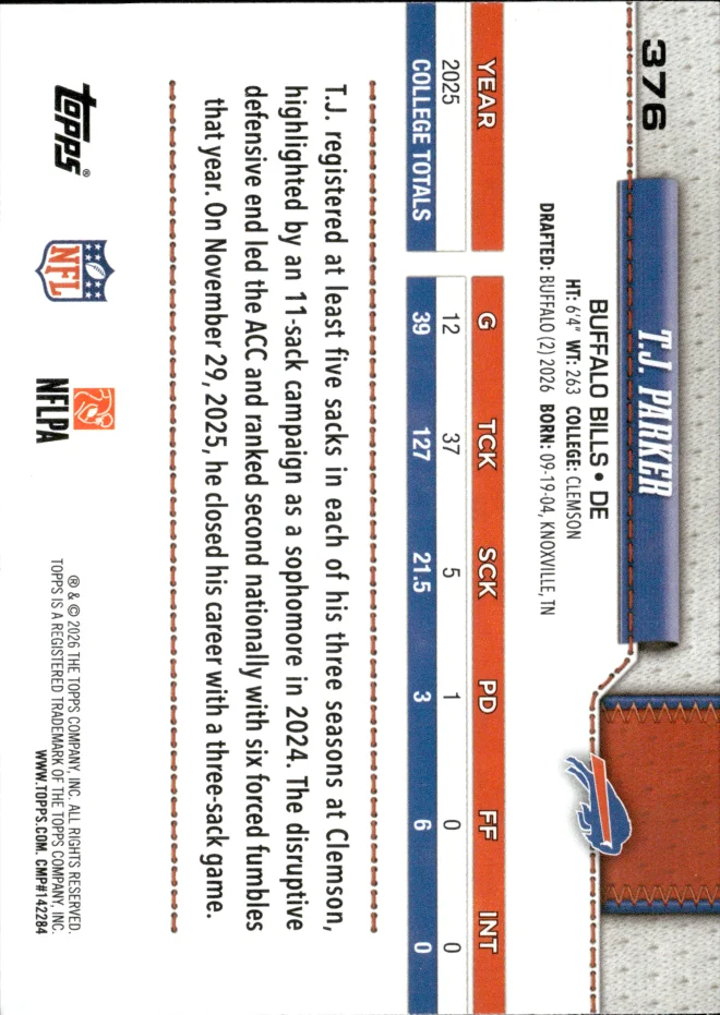 T.J. Parker card back