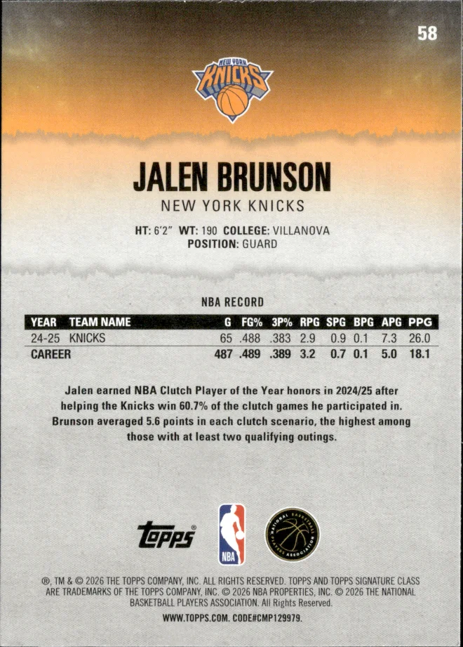 Jalen Brunson card back