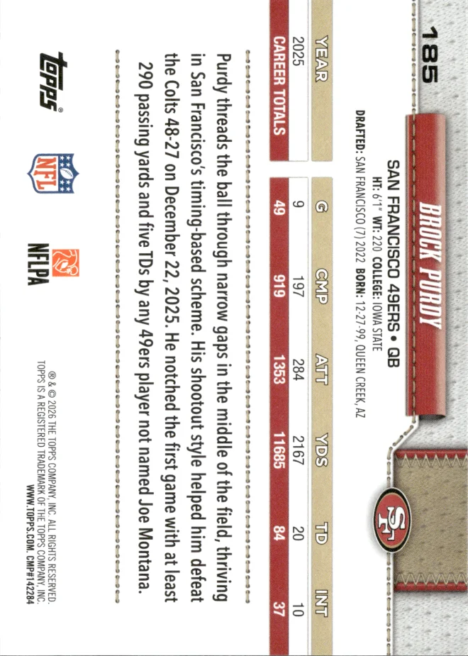 Brock Purdy card back