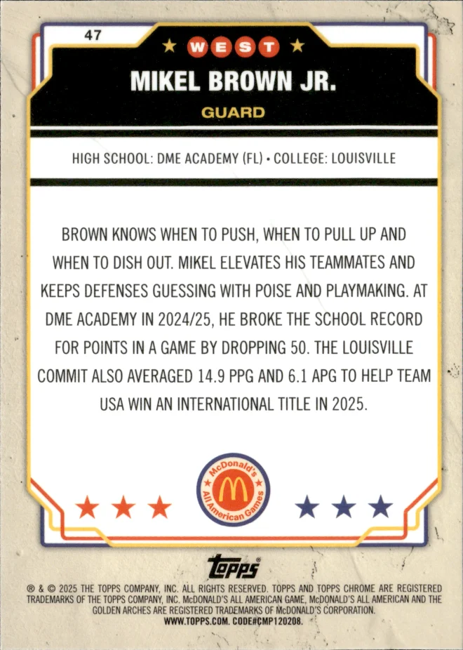 Mikel Brown Jr. card back