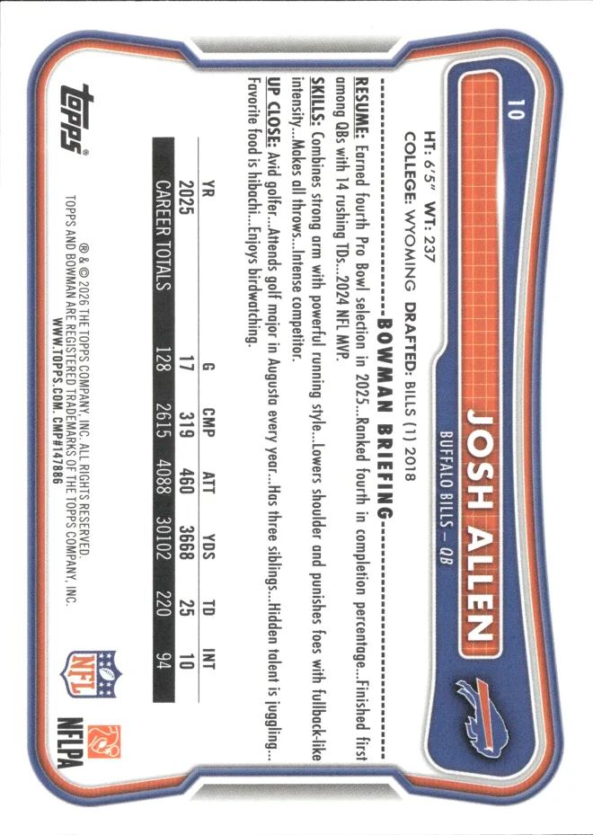 Josh Allen card back
