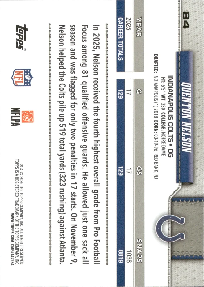 Quenton Nelson card back