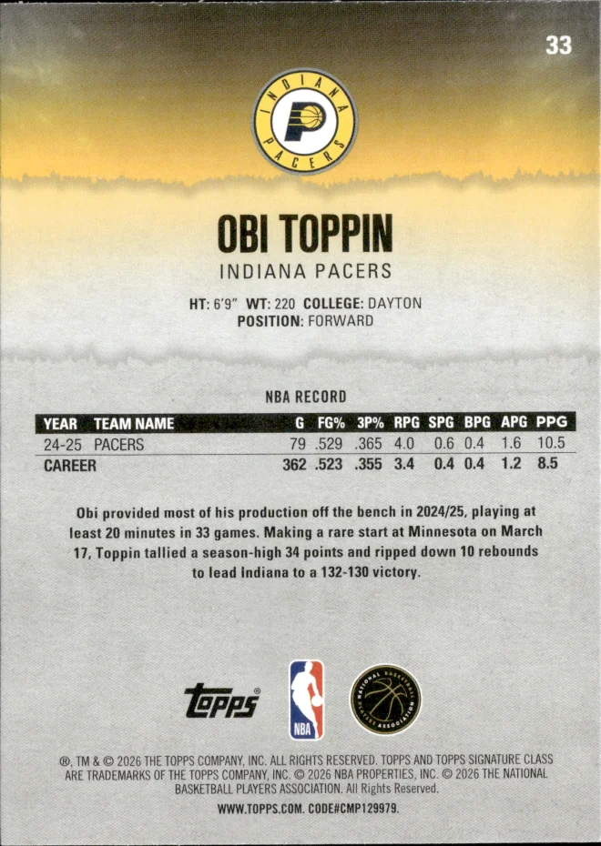 Obi Toppin card back