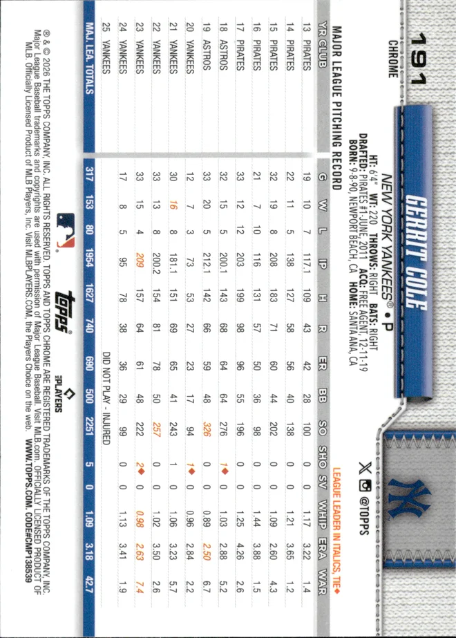 Gerrit Cole card back
