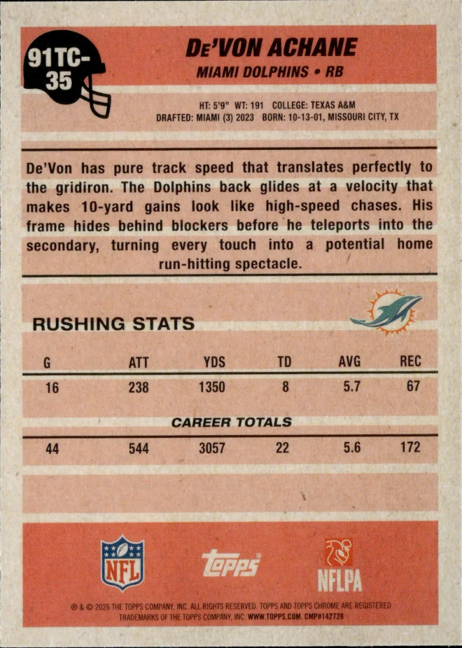 De'Von Achane card back