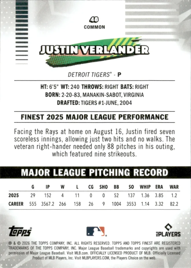 Justin Verlander card back