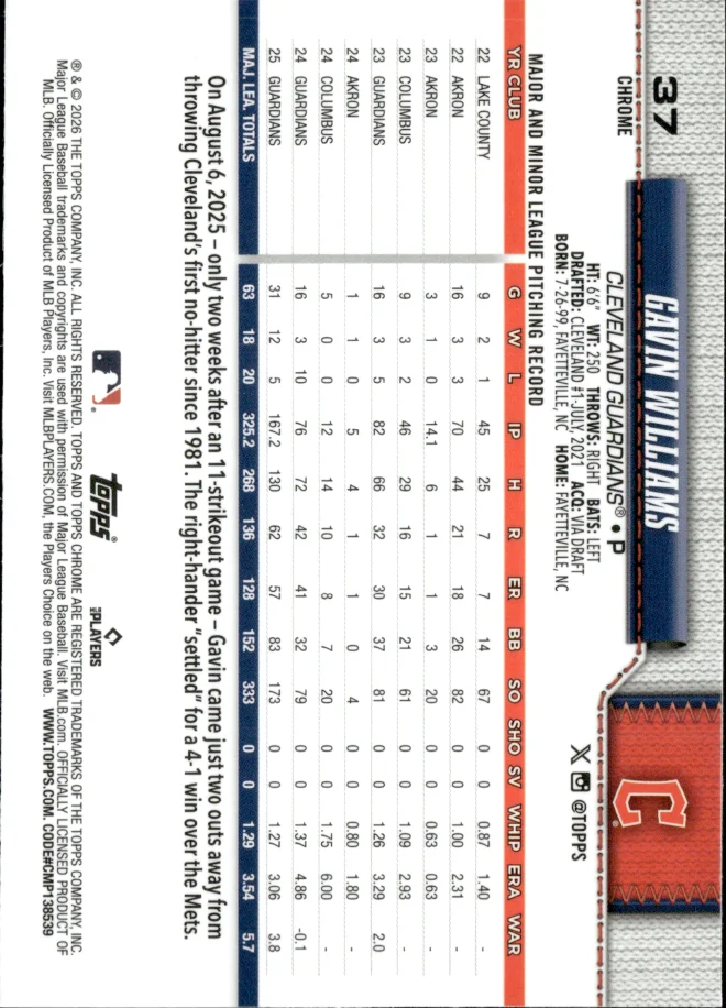 Gavin Williams card back