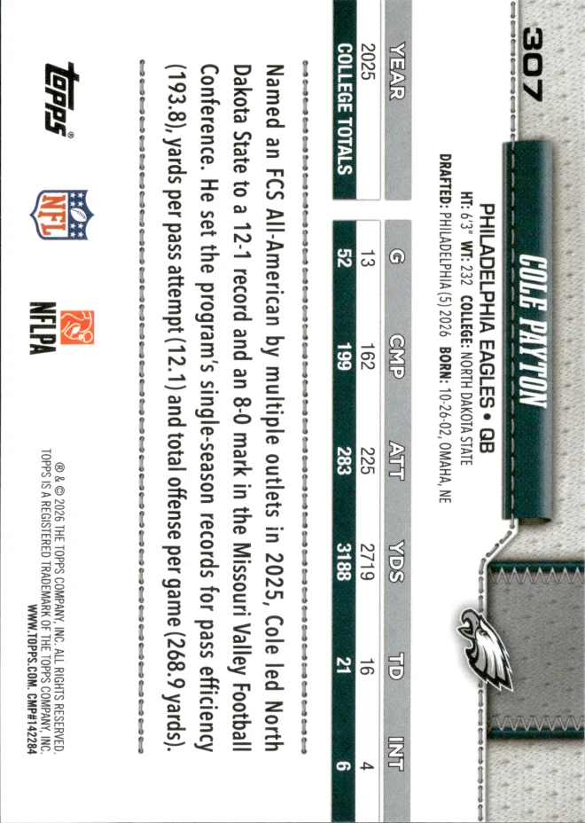 Cole Payton card back