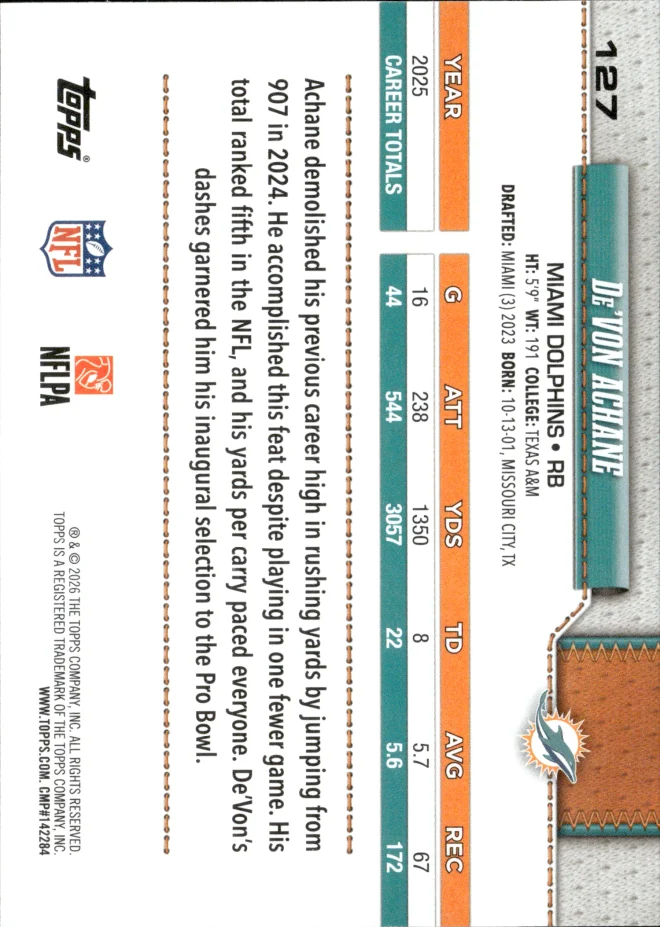 De'Von Achane card back