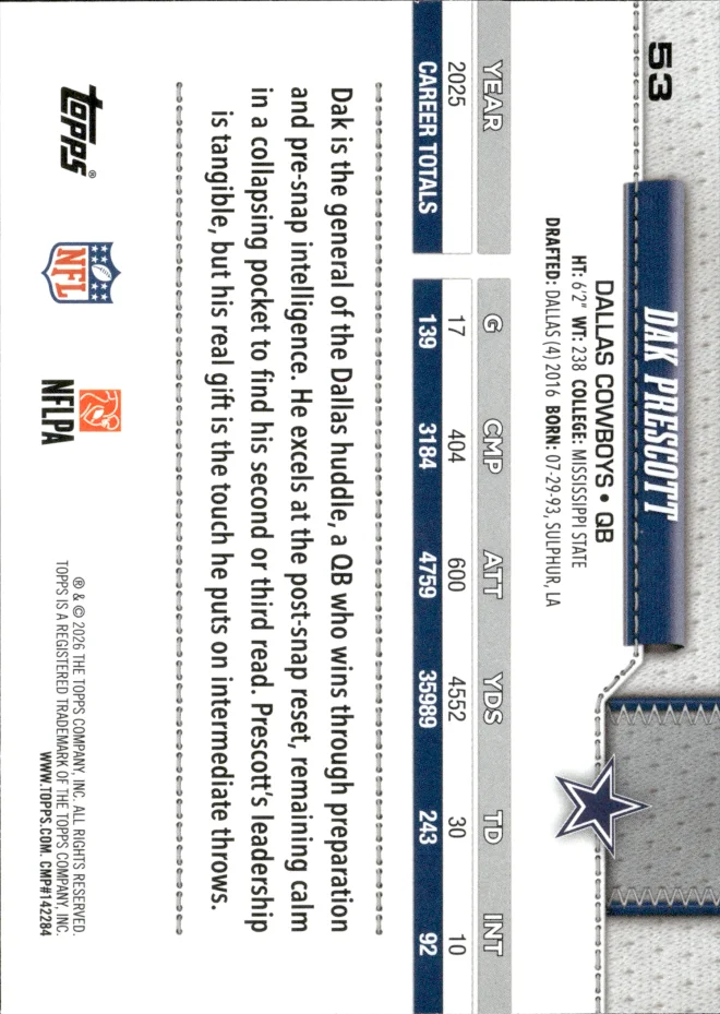 Dak Prescott card back