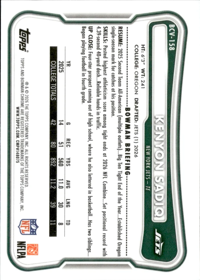 Kenyon Sadiq card back