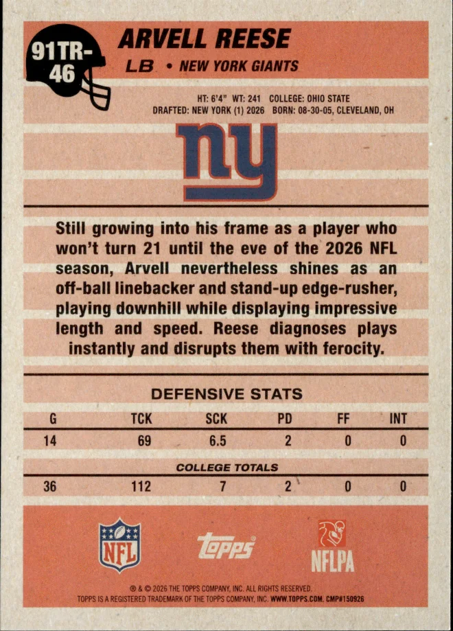 Arvell Reese card back