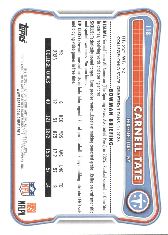 Carnell Tate card back