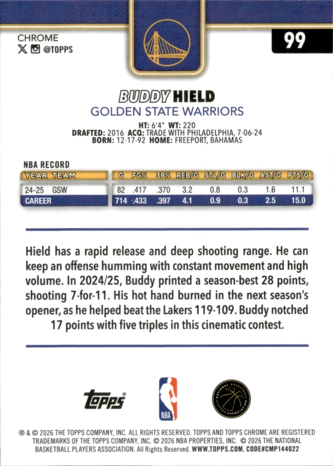 Buddy Hield card back