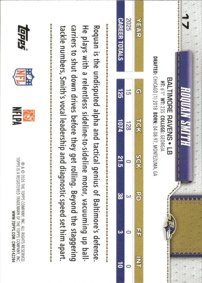 Roquan Smith card back