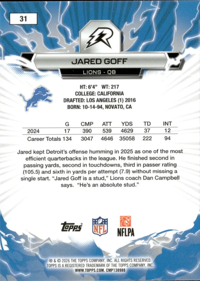 Jared Goff card back
