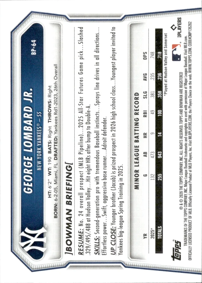 George Lombard Jr. card back