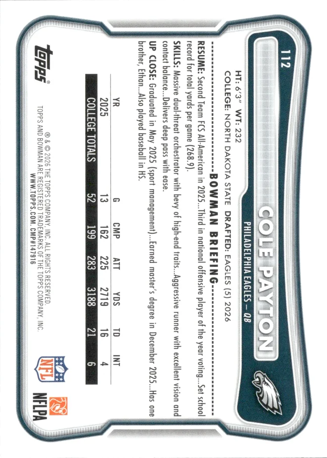 Cole Payton card back