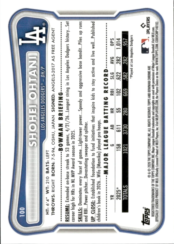 Shohei Ohtani card back