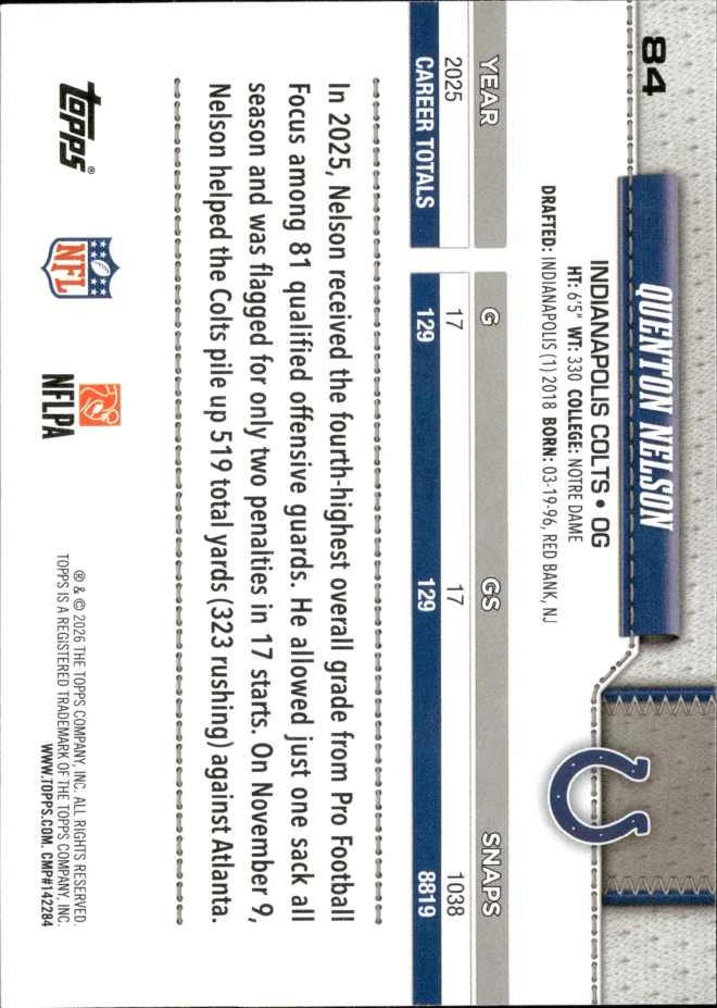 Quenton Nelson card back