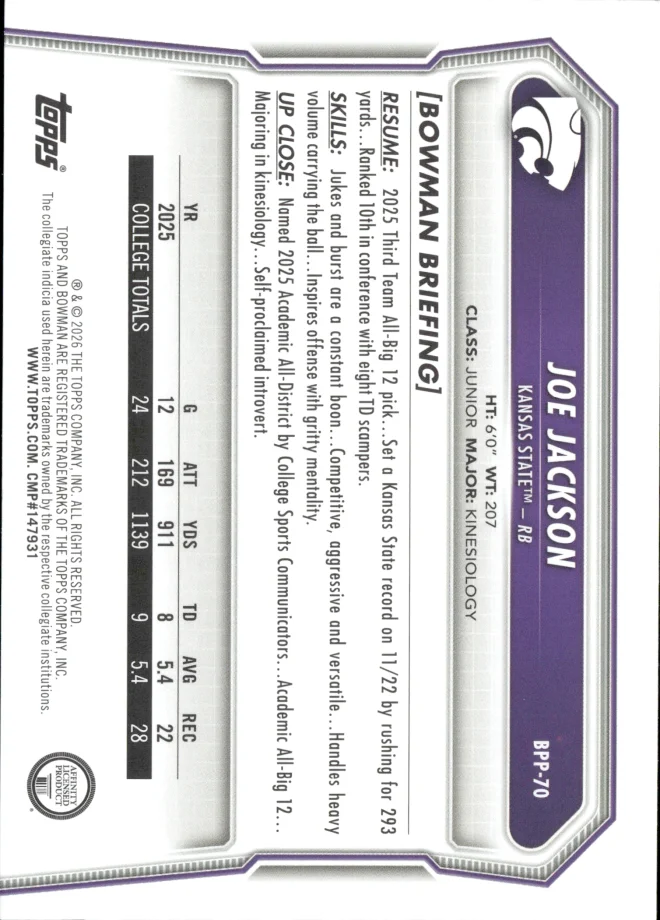 Joe Jackson card back