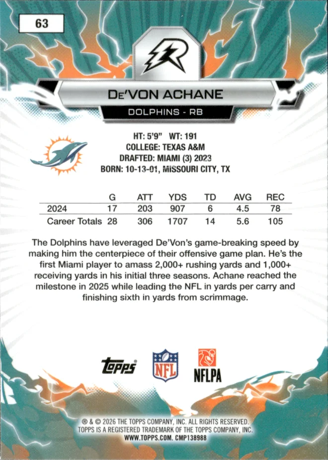 De'Von Achane card back