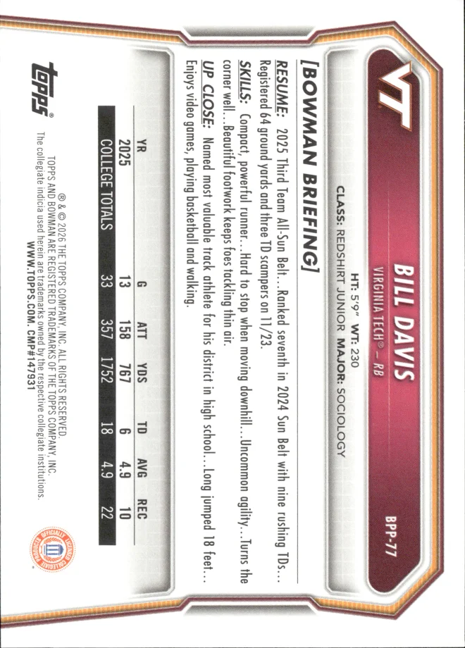 Bill Davis card back